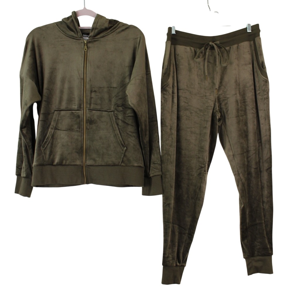 Felina Y2K Athleisure Loungewear Comfy Green Velour Zip Hoodie Jogger Set L